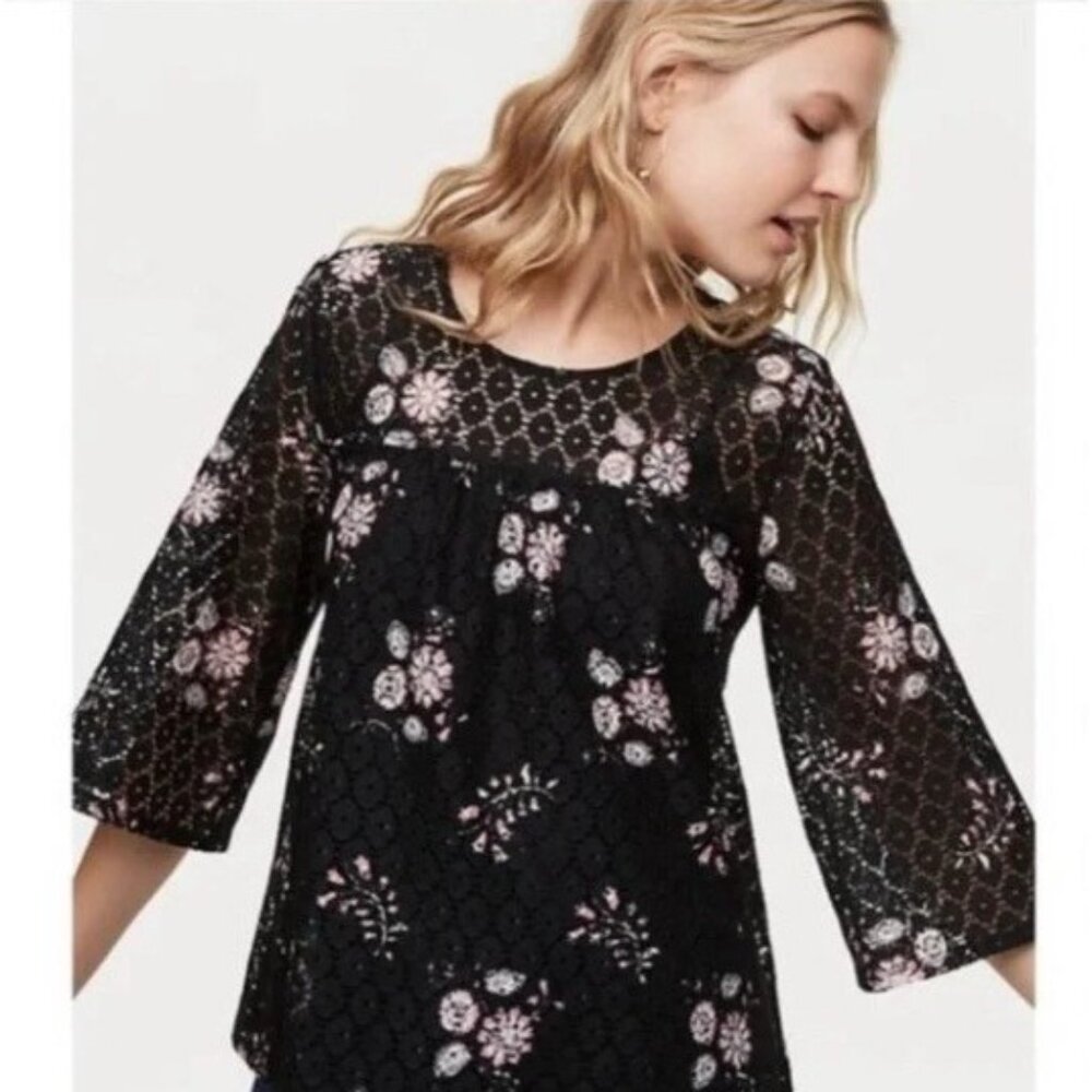 LOFT‎ Womens XL Black Lace Pink Floral Top 3/4 Sleeve Shirt Blouse